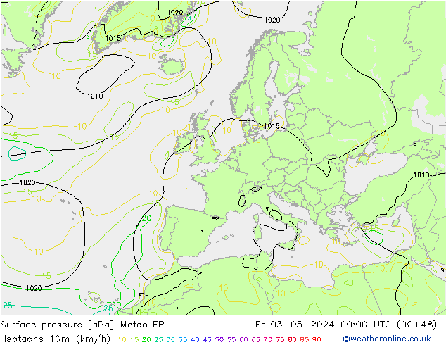 Isotachen (km/h) Meteo FR vr 03.05.2024 00 UTC