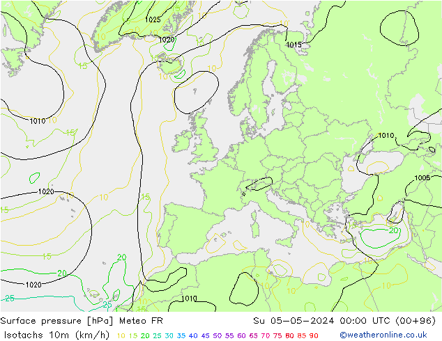 Isotachen (km/h) Meteo FR zo 05.05.2024 00 UTC