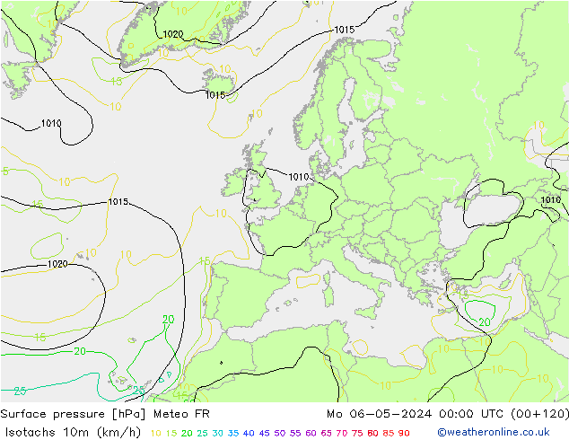 Isotachen (km/h) Meteo FR Mo 06.05.2024 00 UTC