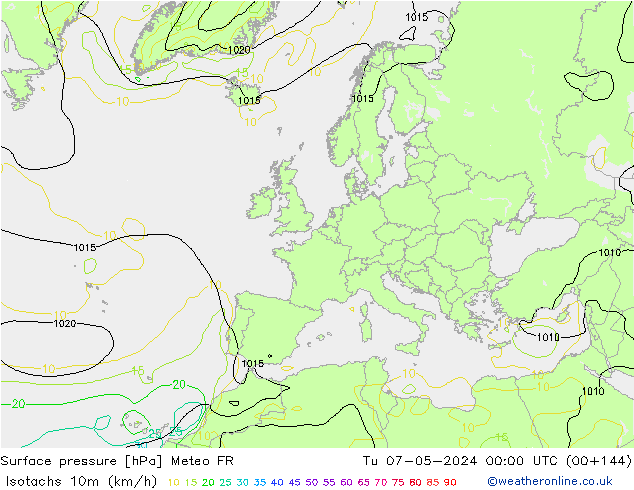Izotacha (km/godz) Meteo FR wto. 07.05.2024 00 UTC