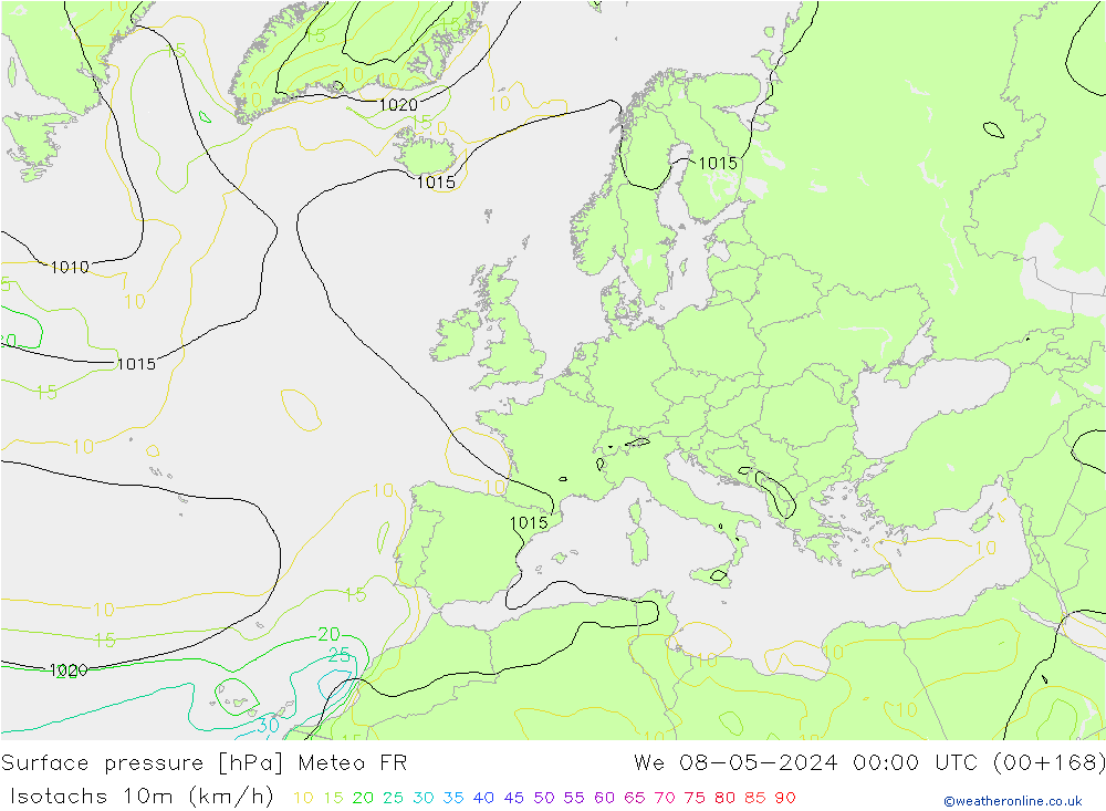 Isotachen (km/h) Meteo FR Mi 08.05.2024 00 UTC