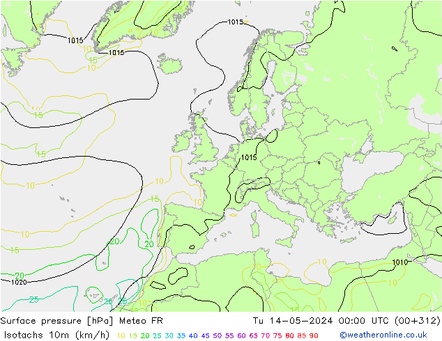 Isotachen (km/h) Meteo FR Di 14.05.2024 00 UTC