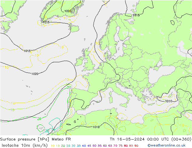 10米等风速线 (kph) Meteo FR 星期四 16.05.2024 00 UTC