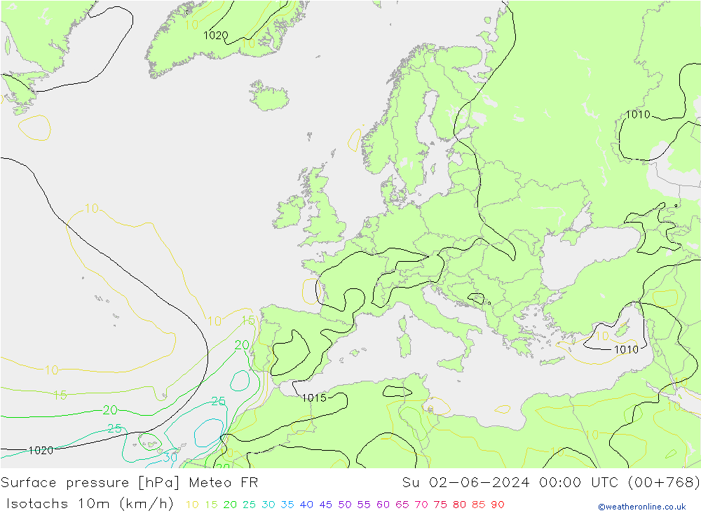 Isotachen (km/h) Meteo FR So 02.06.2024 00 UTC