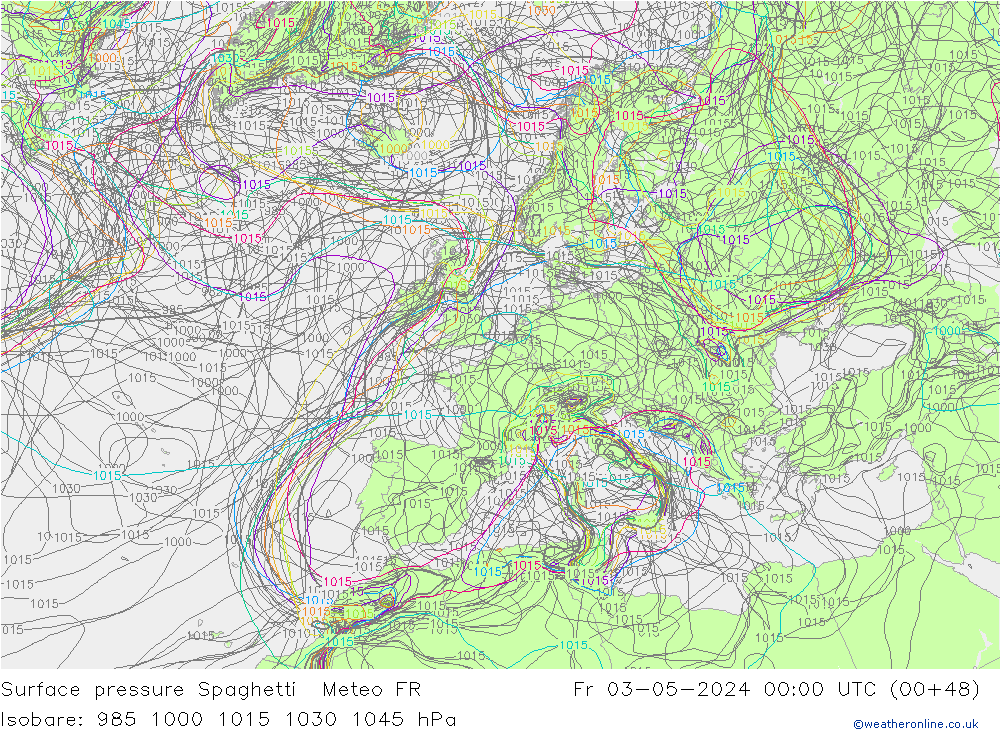 Surface pressure Spaghetti Meteo FR Fr 03.05.2024 00 UTC