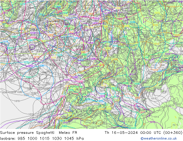 Pressione al suolo Spaghetti Meteo FR gio 16.05.2024 00 UTC