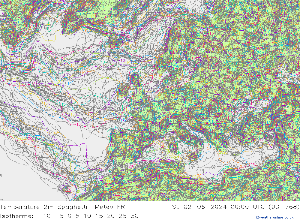 Temperature 2m Spaghetti Meteo FR Su 02.06.2024 00 UTC