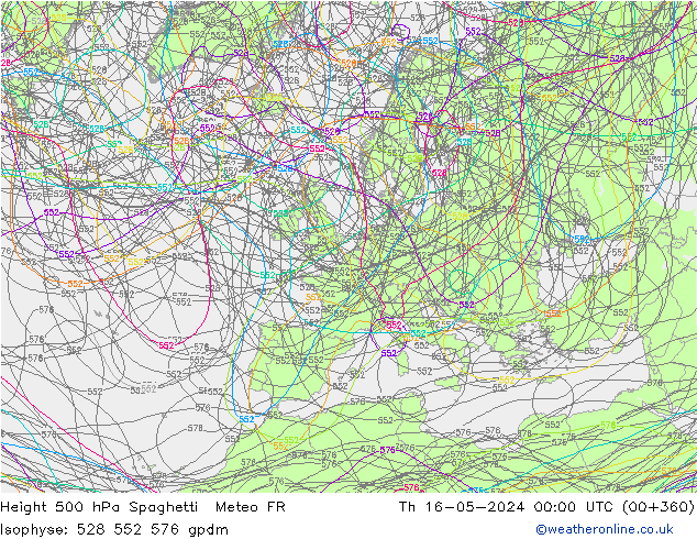 Geop. 500 hPa Spaghetti Meteo FR jue 16.05.2024 00 UTC