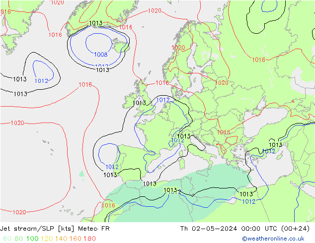 高速氣流/地面气压 Meteo FR 星期四 02.05.2024 00 UTC