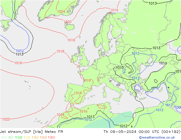 Jet stream/SLP Meteo FR Čt 09.05.2024 00 UTC