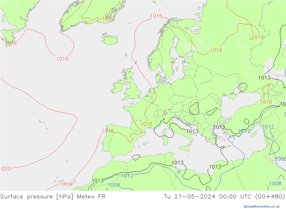 Atmosférický tlak Meteo FR Út 21.05.2024 00 UTC