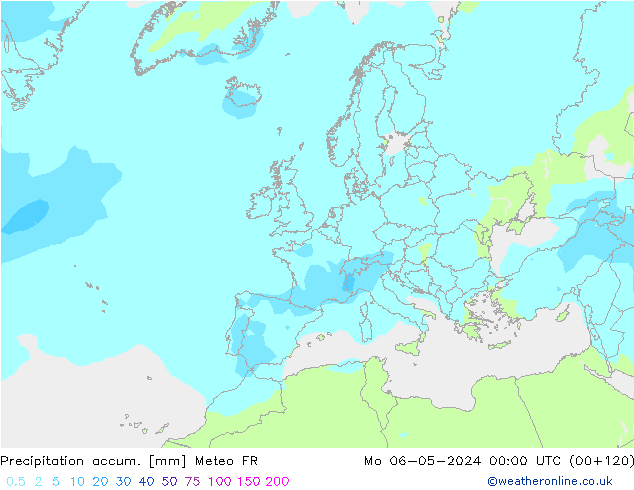 Totale neerslag Meteo FR ma 06.05.2024 00 UTC