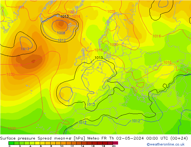 Atmosférický tlak Spread Meteo FR Čt 02.05.2024 00 UTC