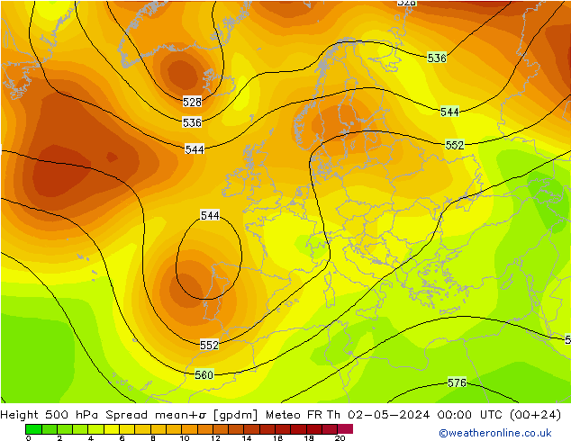 Geop. 500 hPa Spread Meteo FR jue 02.05.2024 00 UTC