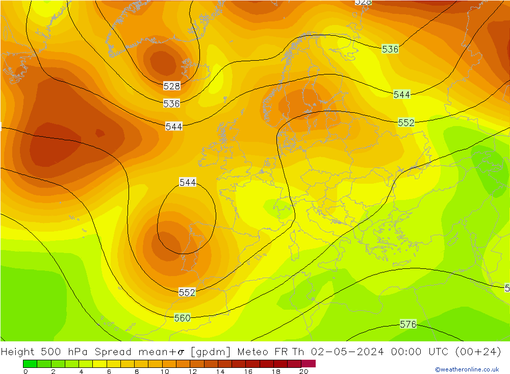 Géop. 500 hPa Spread Meteo FR jeu 02.05.2024 00 UTC