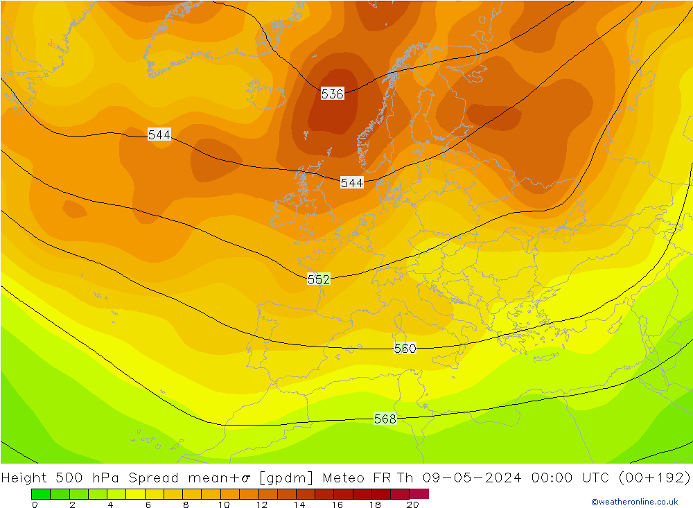 Height 500 гПа Spread Meteo FR чт 09.05.2024 00 UTC