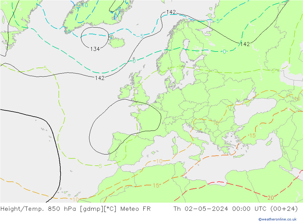 Geop./Temp. 850 hPa Meteo FR jue 02.05.2024 00 UTC