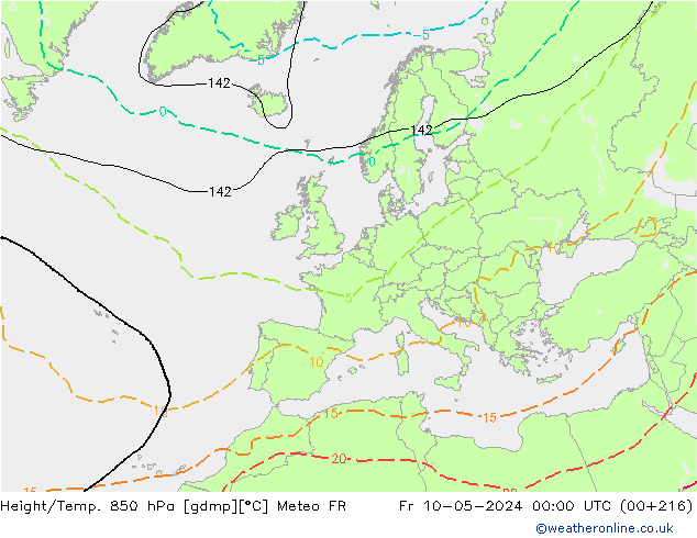 Hoogte/Temp. 850 hPa Meteo FR vr 10.05.2024 00 UTC