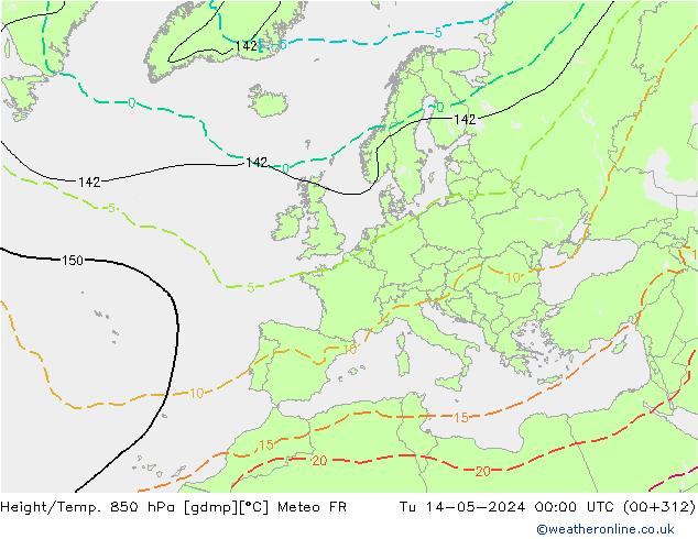 Géop./Temp. 850 hPa Meteo FR mar 14.05.2024 00 UTC