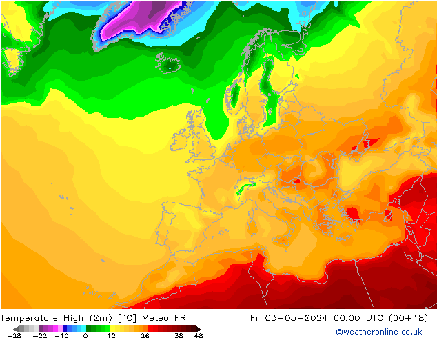 Max. Temperatura (2m) Meteo FR pt. 03.05.2024 00 UTC