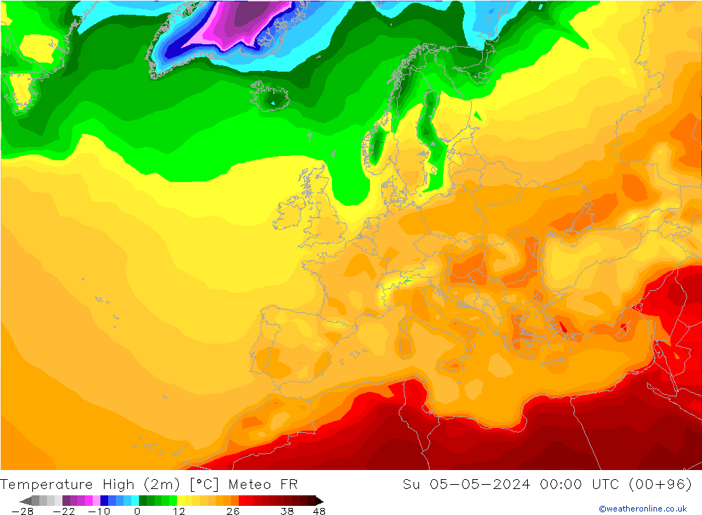 Темпер. макс 2т Meteo FR Вс 05.05.2024 00 UTC