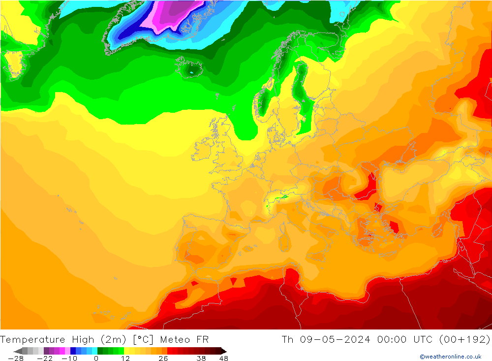 Max.temperatuur (2m) Meteo FR do 09.05.2024 00 UTC