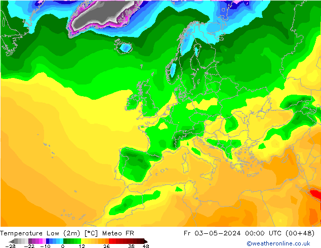 Nejnižší teplota (2m) Meteo FR Pá 03.05.2024 00 UTC