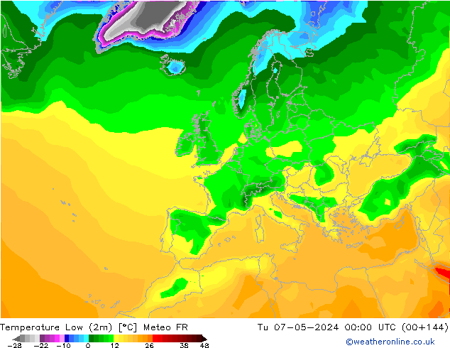 Minumum Değer (2m) Meteo FR Sa 07.05.2024 00 UTC