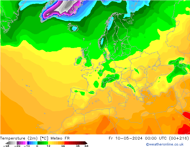 mapa temperatury (2m) Meteo FR pt. 10.05.2024 00 UTC