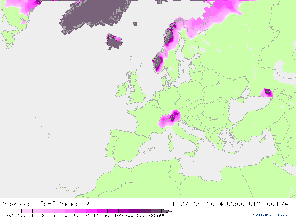 Snow accu. Meteo FR jue 02.05.2024 00 UTC