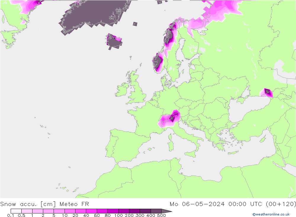Snow accu. Meteo FR 星期一 06.05.2024 00 UTC