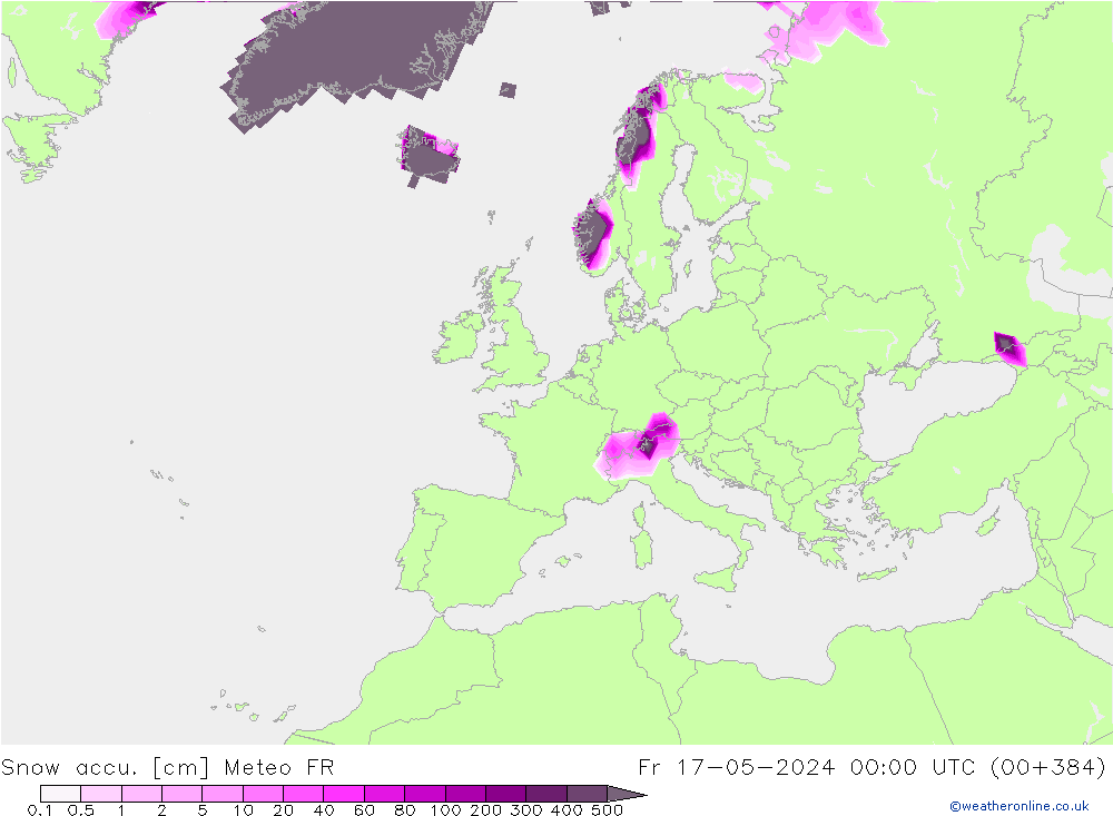 Глубина снега Meteo FR пт 17.05.2024 00 UTC