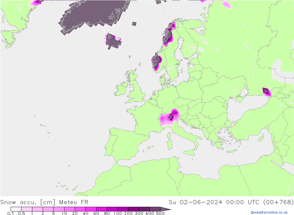 Глубина снега Meteo FR Вс 02.06.2024 00 UTC