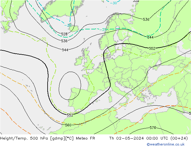 Hoogte/Temp. 500 hPa Meteo FR do 02.05.2024 00 UTC