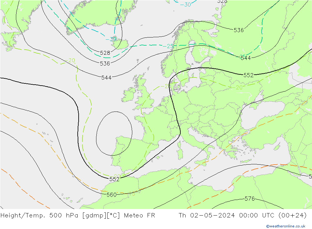 Hoogte/Temp. 500 hPa Meteo FR do 02.05.2024 00 UTC