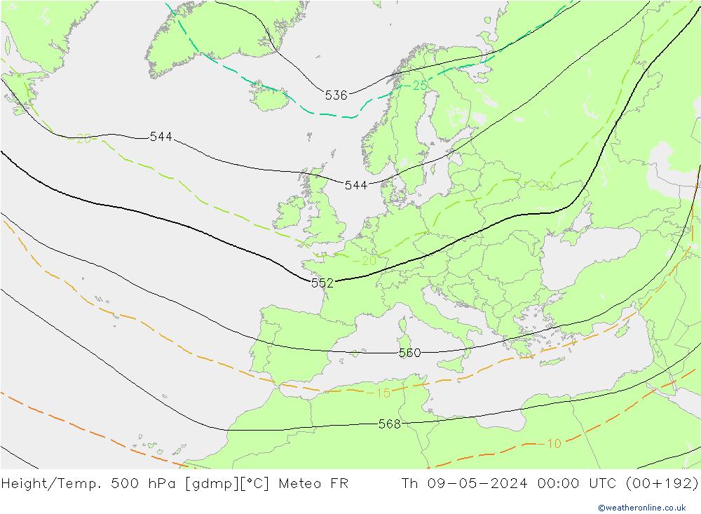 Height/Temp. 500 hPa Meteo FR Do 09.05.2024 00 UTC