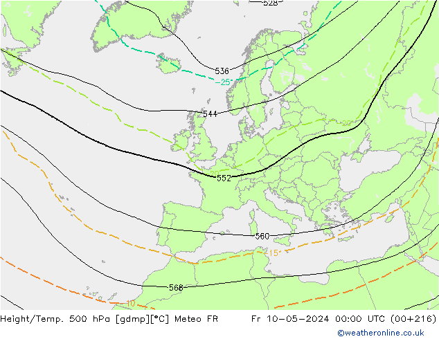 Hoogte/Temp. 500 hPa Meteo FR vr 10.05.2024 00 UTC