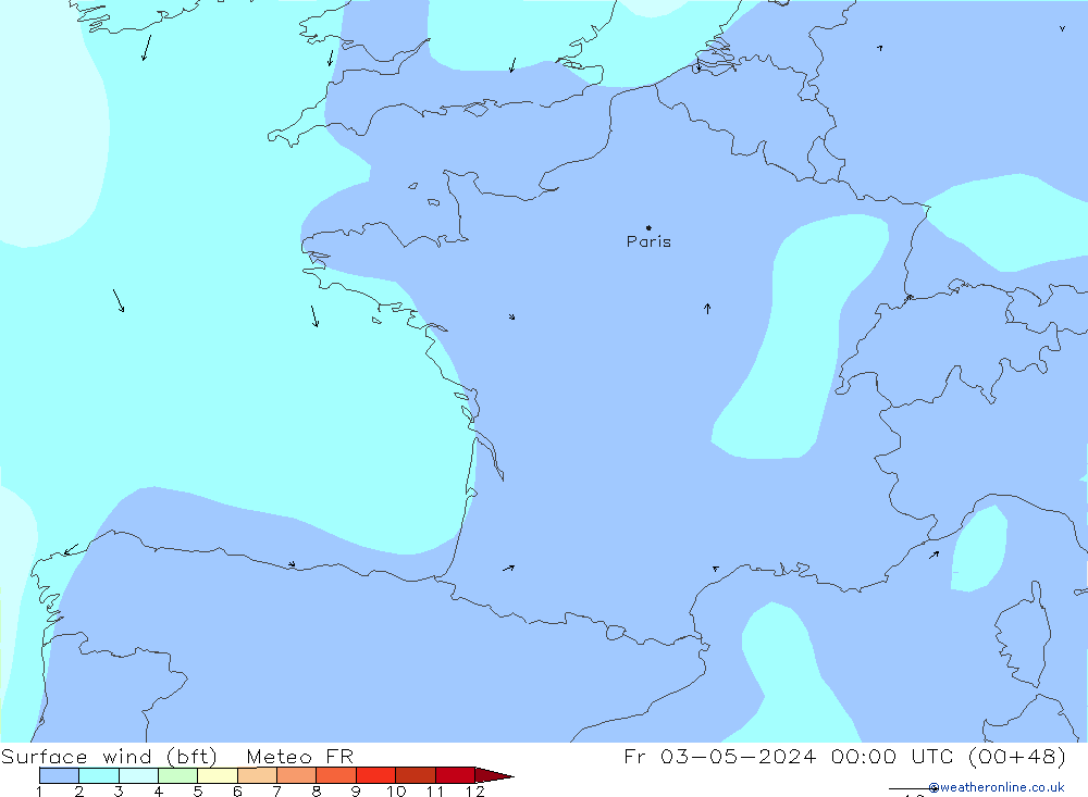Bodenwind (bft) Meteo FR Fr 03.05.2024 00 UTC