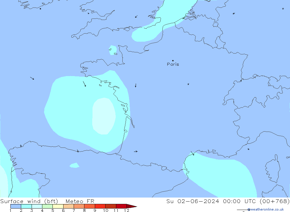 Vent 10 m (bft) Meteo FR dim 02.06.2024 00 UTC