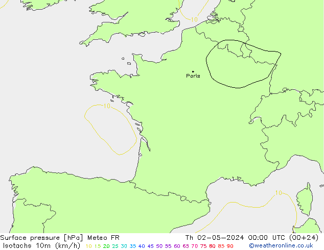 Isotachs (kph) Meteo FR gio 02.05.2024 00 UTC