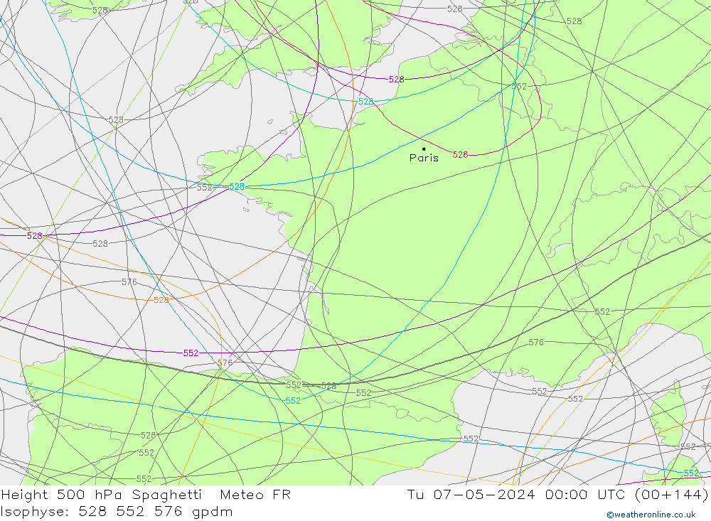 500 hPa Yüksekliği Spaghetti Meteo FR Sa 07.05.2024 00 UTC