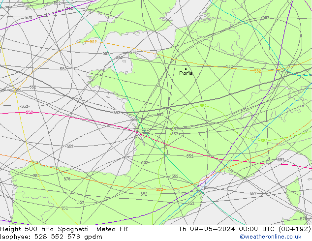 Height 500 hPa Spaghetti Meteo FR Do 09.05.2024 00 UTC