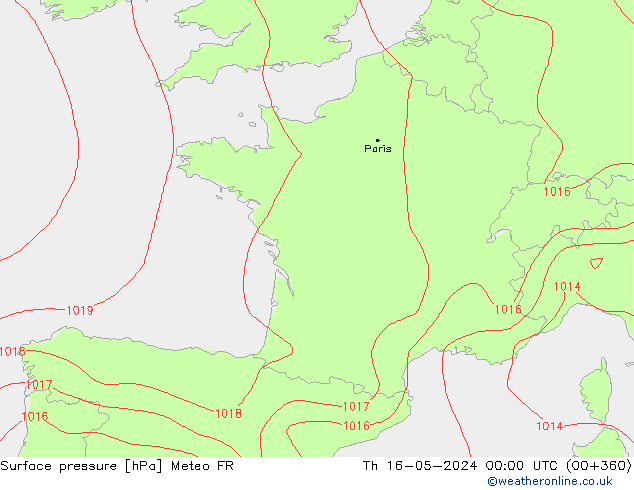 Surface pressure Meteo FR Th 16.05.2024 00 UTC