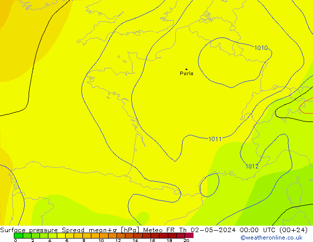 Atmosférický tlak Spread Meteo FR Čt 02.05.2024 00 UTC