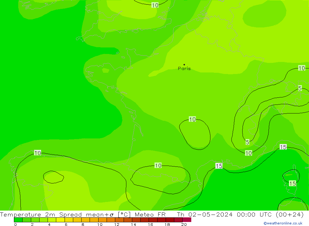 Temperatura 2m Spread Meteo FR jue 02.05.2024 00 UTC