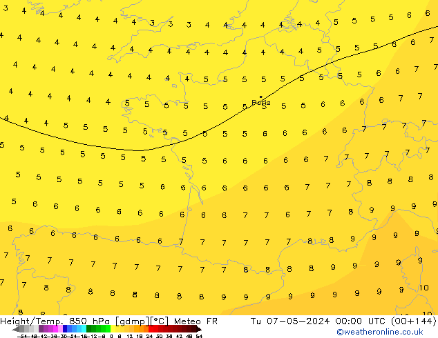 Hoogte/Temp. 850 hPa Meteo FR di 07.05.2024 00 UTC