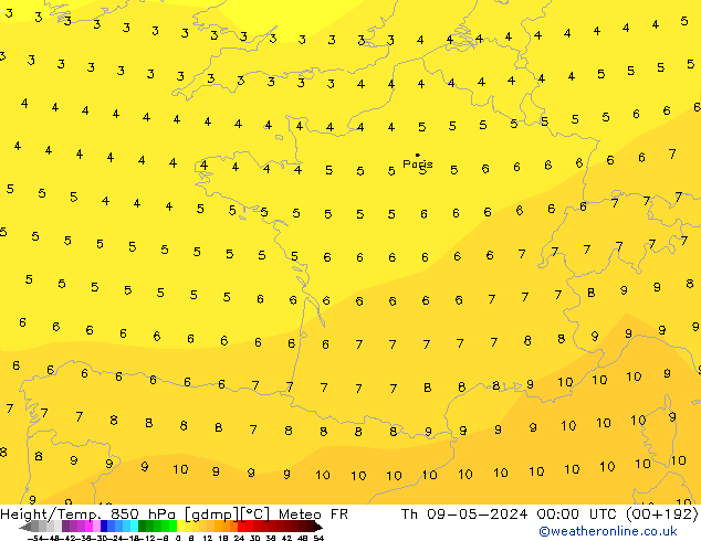 Geop./Temp. 850 hPa Meteo FR jue 09.05.2024 00 UTC