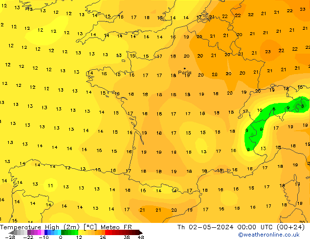 Temperature High (2m) Meteo FR Th 02.05.2024 00 UTC