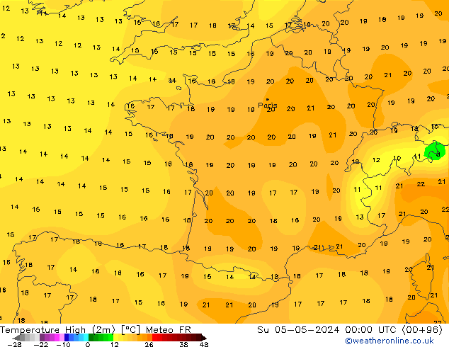 Max.temperatuur (2m) Meteo FR zo 05.05.2024 00 UTC