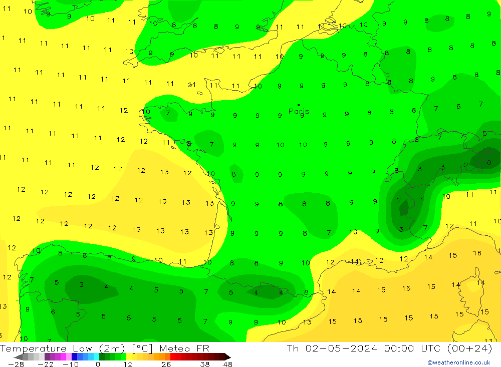 Tiefstwerte (2m) Meteo FR Do 02.05.2024 00 UTC